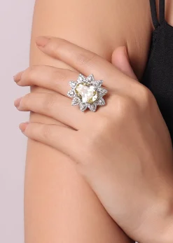 92.5 Sterling Silver Ring Embedded with Yellow Stone And Faux Diamonds