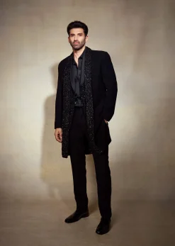 Aditya Roy Kapur In Our Black Double Layered Indo Western Jacket With Shirt And Pant