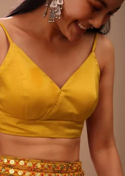 Amber Yellow Blouse In Satin With Strap Sleeves And Overlapping Geometric Neckline