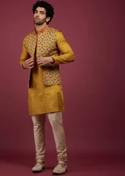 Amber Yellow Silk Patola Printed Bandi With Kurta Set