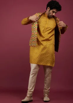 Amber Yellow Silk Patola Printed Bandi With Kurta Set