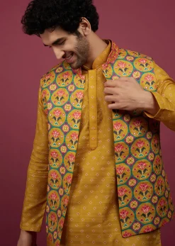 Amber Yellow Silk Patola Printed Bandi With Kurta Set