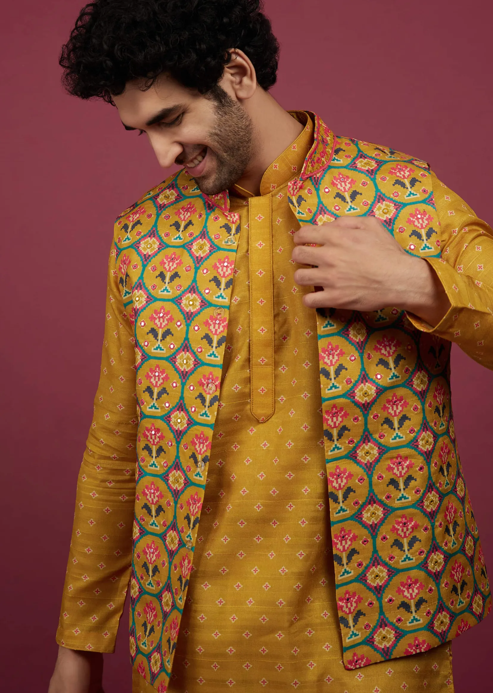 Amber Yellow Silk Patola Printed Bandi With Kurta Set