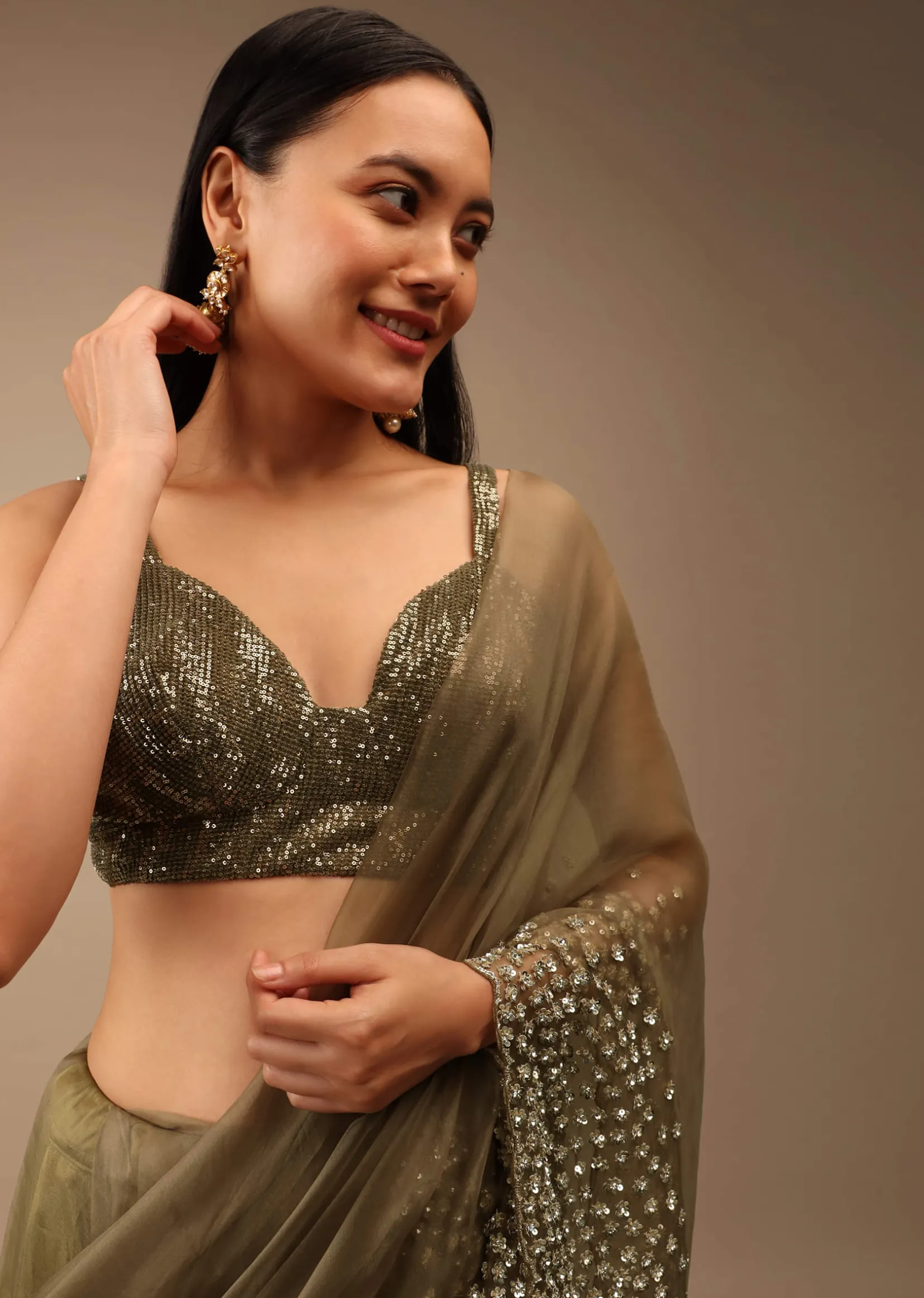 Antique Green Blouse In Crush Embellished With Sequins And Featuring Strap Sleeves And Geometric Neckline