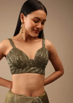 Antique Green Blouse In Crush Embellished With Sequins And Featuring Strap Sleeves And Geometric Neckline