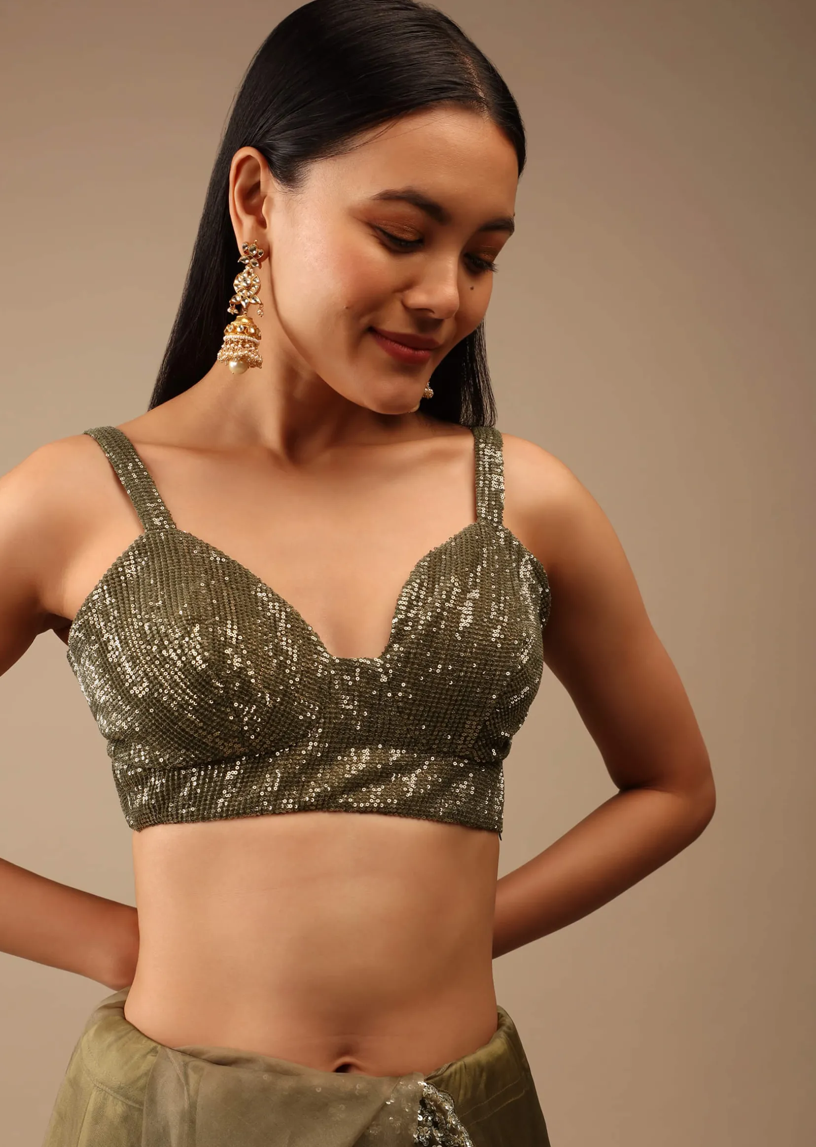 Antique Green Blouse In Crush Embellished With Sequins And Featuring Strap Sleeves And Geometric Neckline