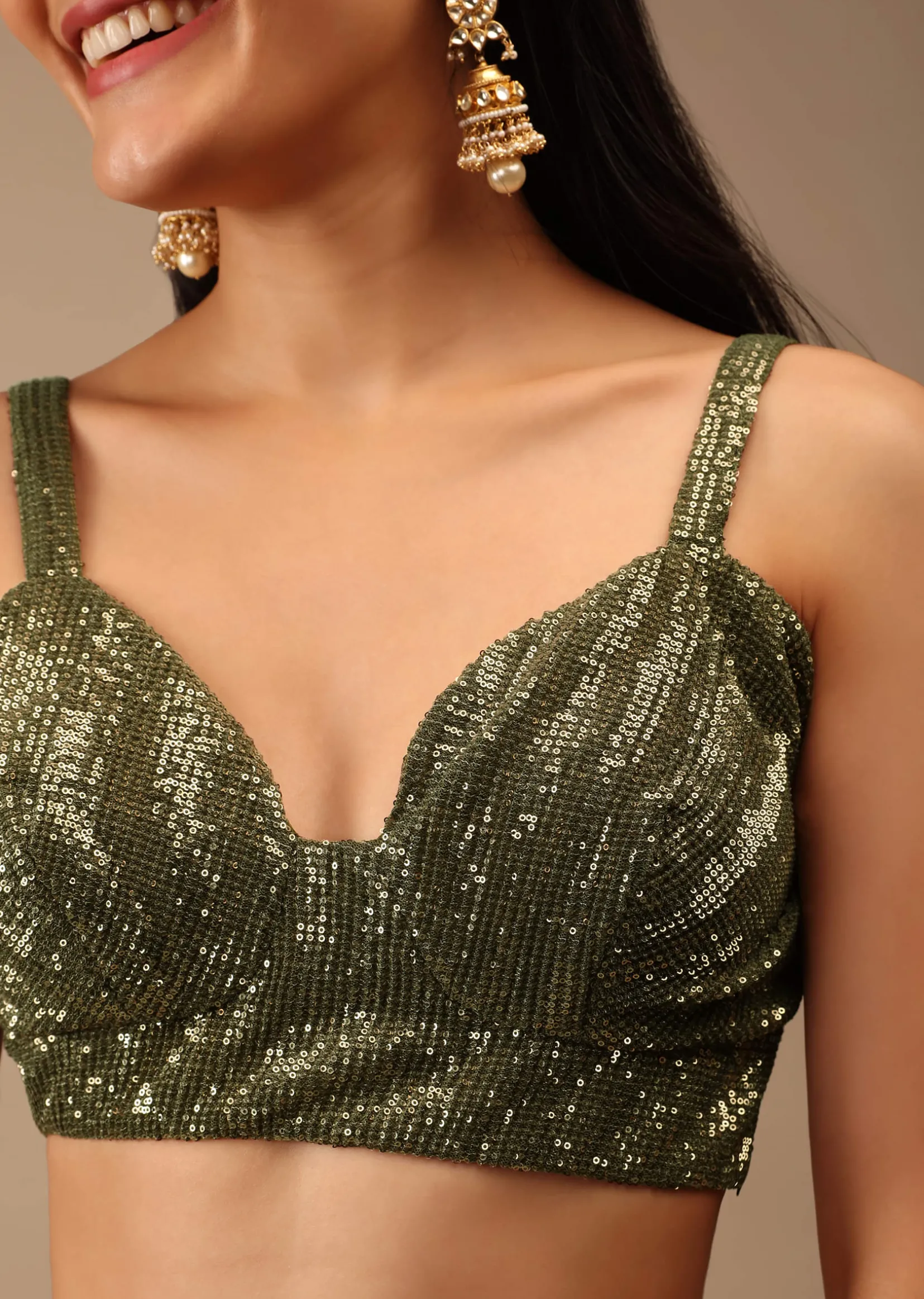 Antique Green Blouse In Crush Embellished With Sequins And Featuring Strap Sleeves And Geometric Neckline