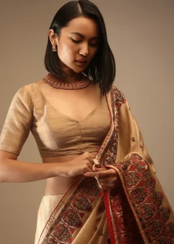 Apple Cinnamon Half Sleeveless Blouse In A Sweetheart Neckline Raw Silk With Front Hooks Closure