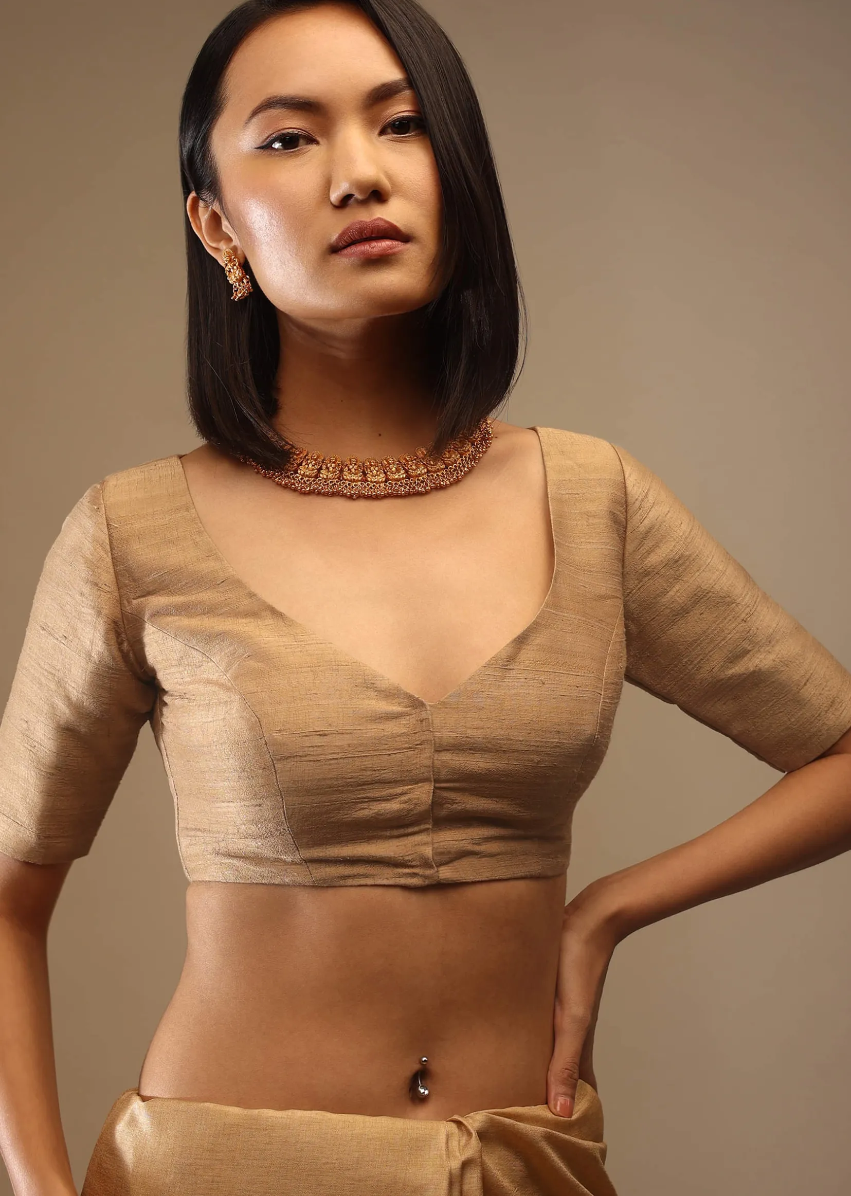 Apple Cinnamon Half Sleeveless Blouse In A Sweetheart Neckline Raw Silk With Front Hooks Closure