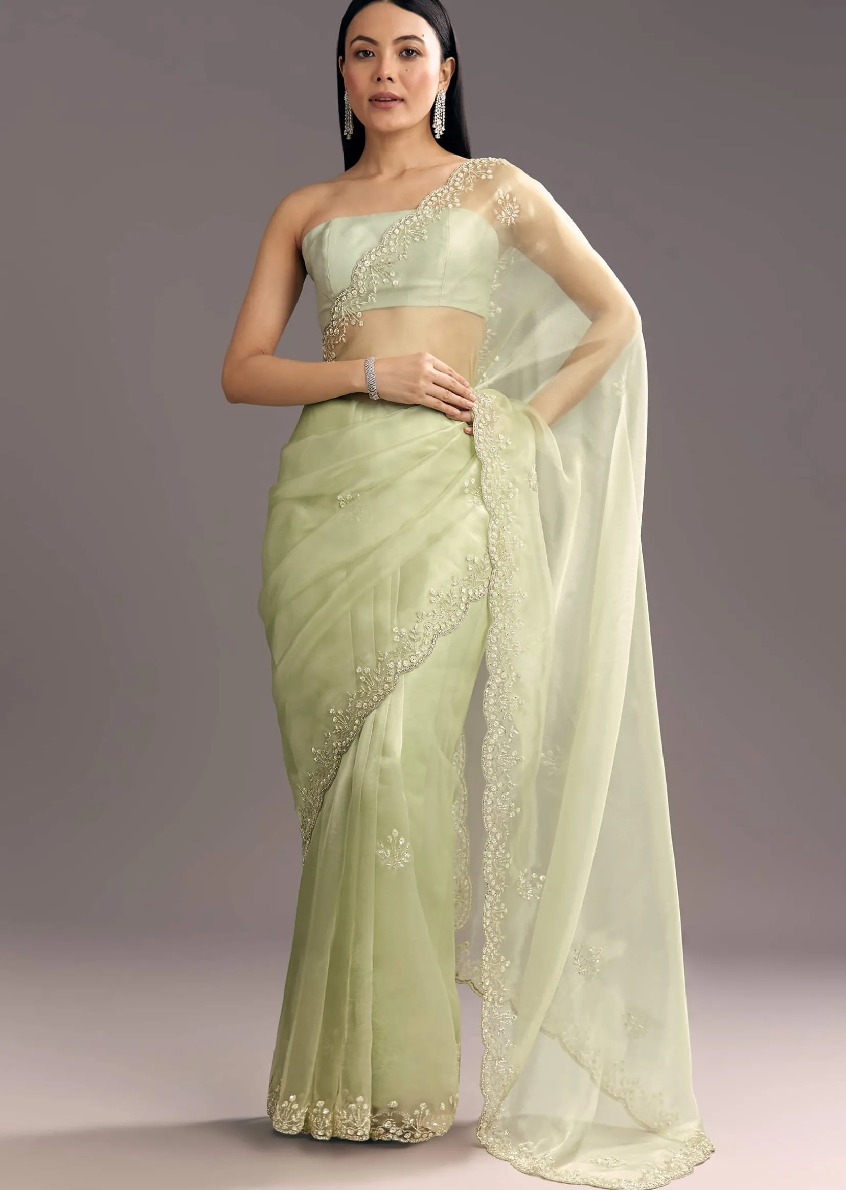 Apple Green Glass Tissue Saree With Cutdana Embroidery