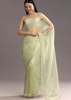 Apple Green Glass Tissue Saree With Cutdana Embroidery