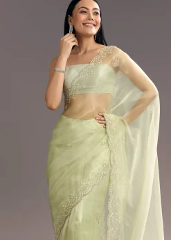 Apple Green Glass Tissue Saree With Cutdana Embroidery