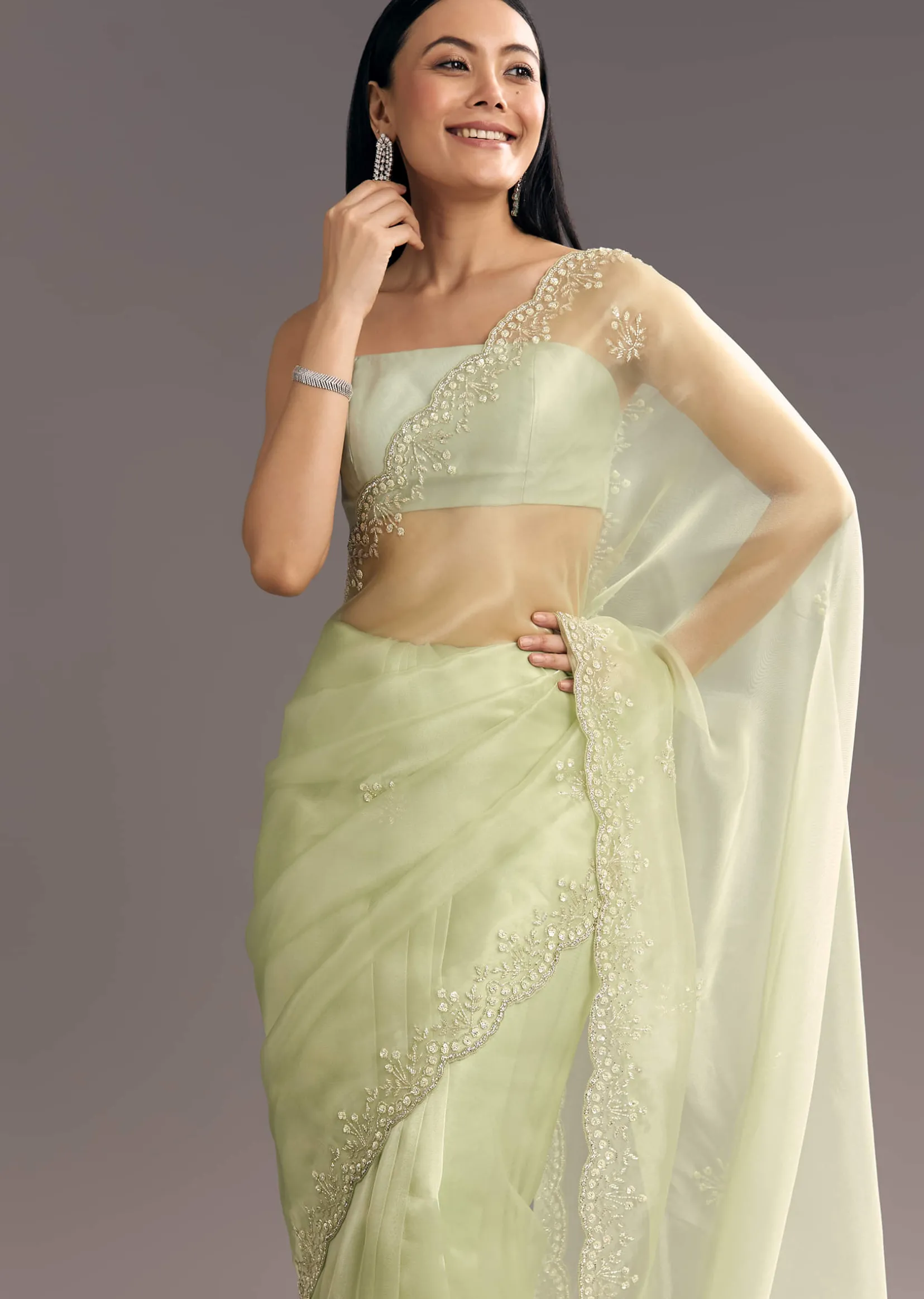 Apple Green Glass Tissue Saree With Cutdana Embroidery