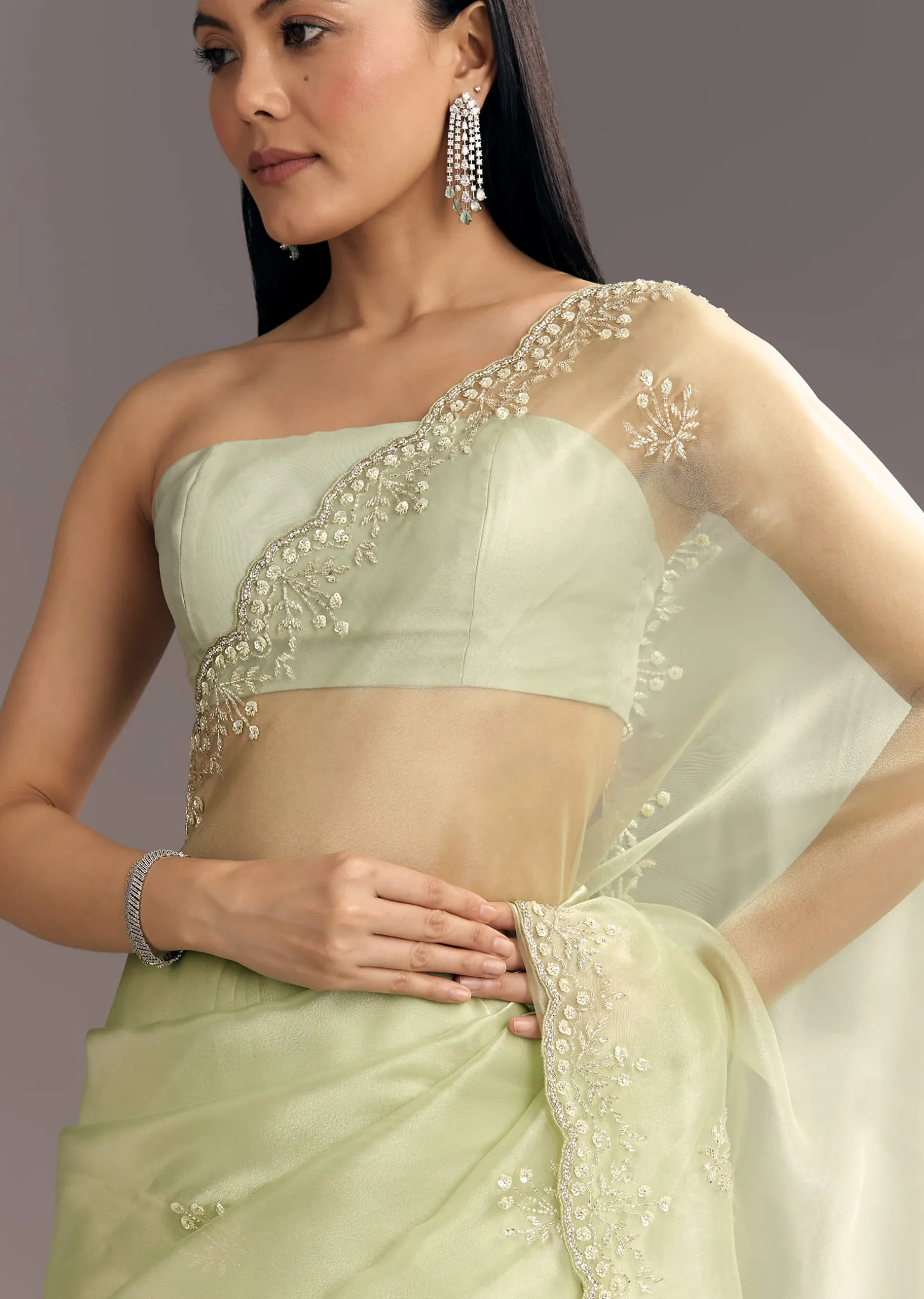 Apple Green Glass Tissue Saree With Cutdana Embroidery