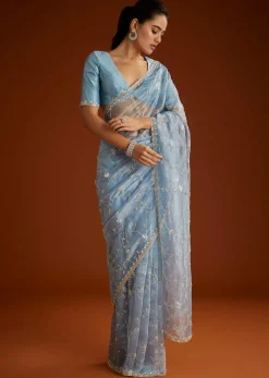 Aqua Blue Crushed Tissue Saree With Floral Jaal Embroidery