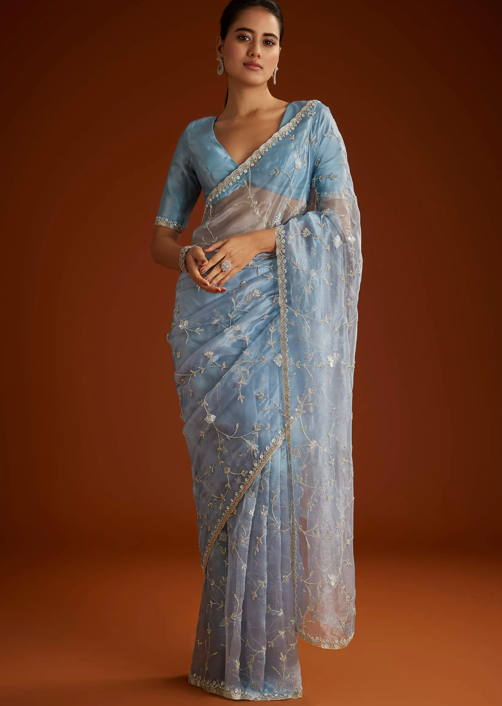 Aqua Blue Crushed Tissue Saree With Floral Jaal Embroidery