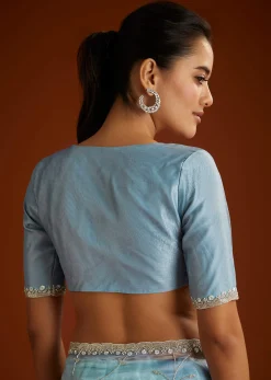 Aqua Blue Crushed Tissue Saree With Floral Jaal Embroidery