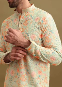 Aqua Blue Digital Printed Silk Kurta Set For Men