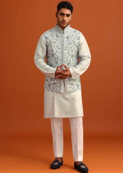 Aqua Blue Dola Silk Cowl Draped Kurta And Jacket Set