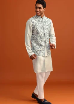 Aqua Blue Dola Silk Cowl Draped Kurta And Jacket Set