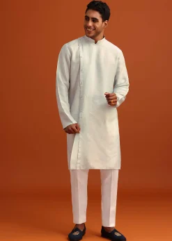 Aqua Blue Dola Silk Cowl Draped Kurta And Jacket Set