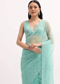 Aqua Blue Embroidered Organza Saree With Unstitched Blouse