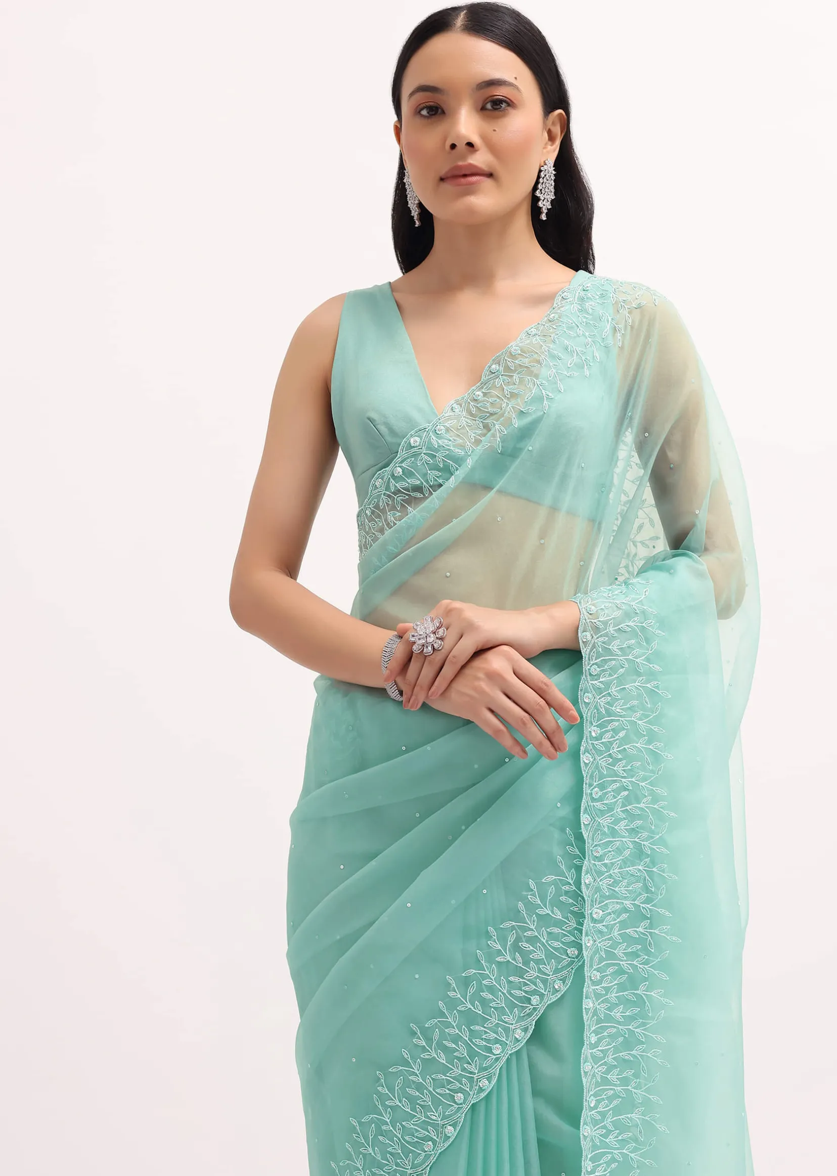 Aqua Blue Embroidered Organza Saree With Unstitched Blouse