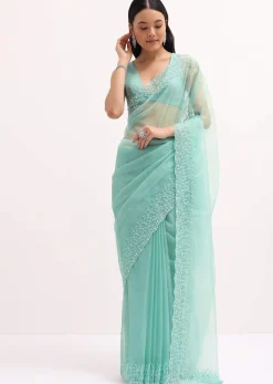 Aqua Blue Embroidered Organza Saree With Unstitched Blouse