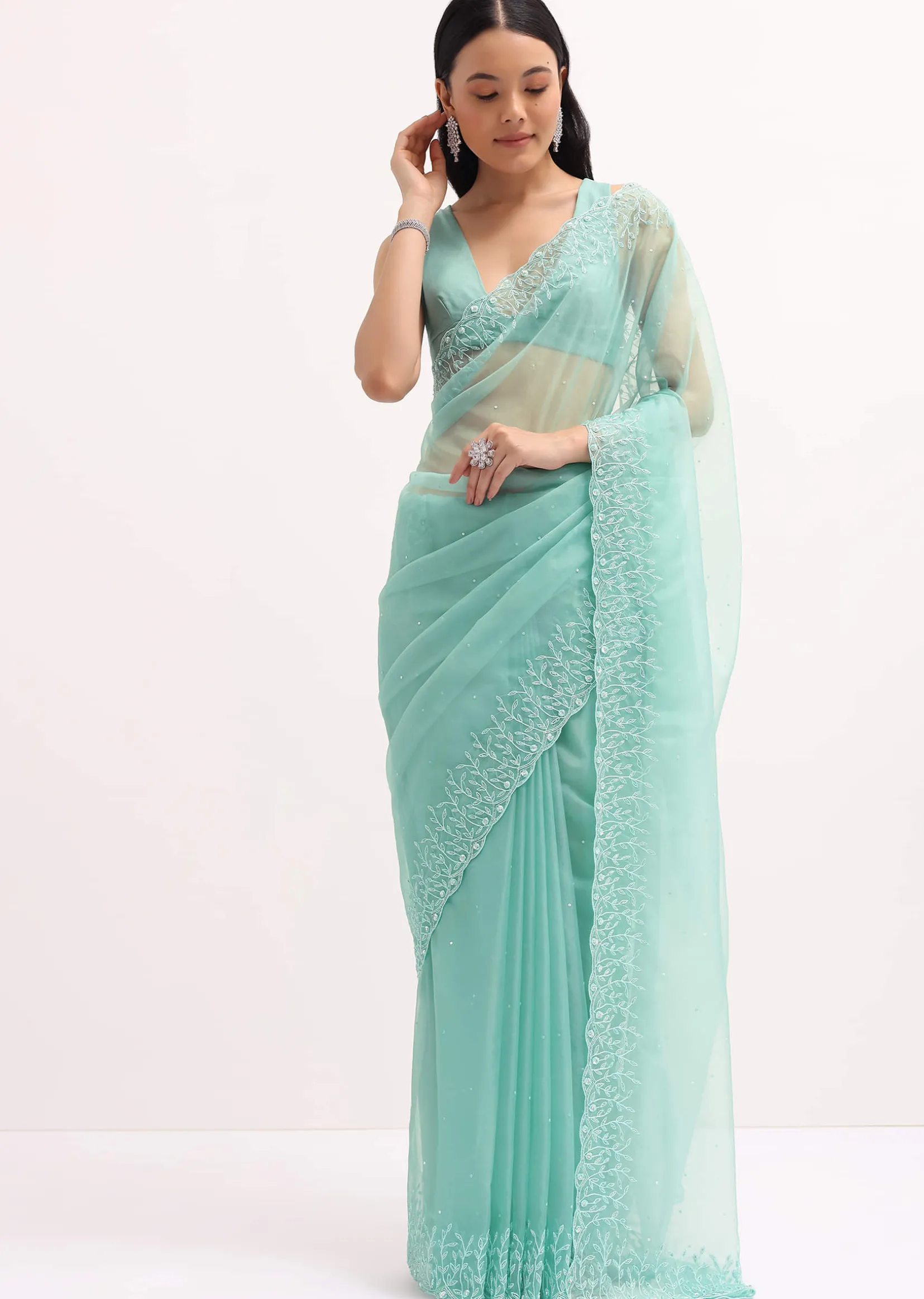 Aqua Blue Embroidered Organza Saree With Unstitched Blouse