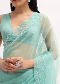 Aqua Blue Embroidered Organza Saree With Unstitched Blouse