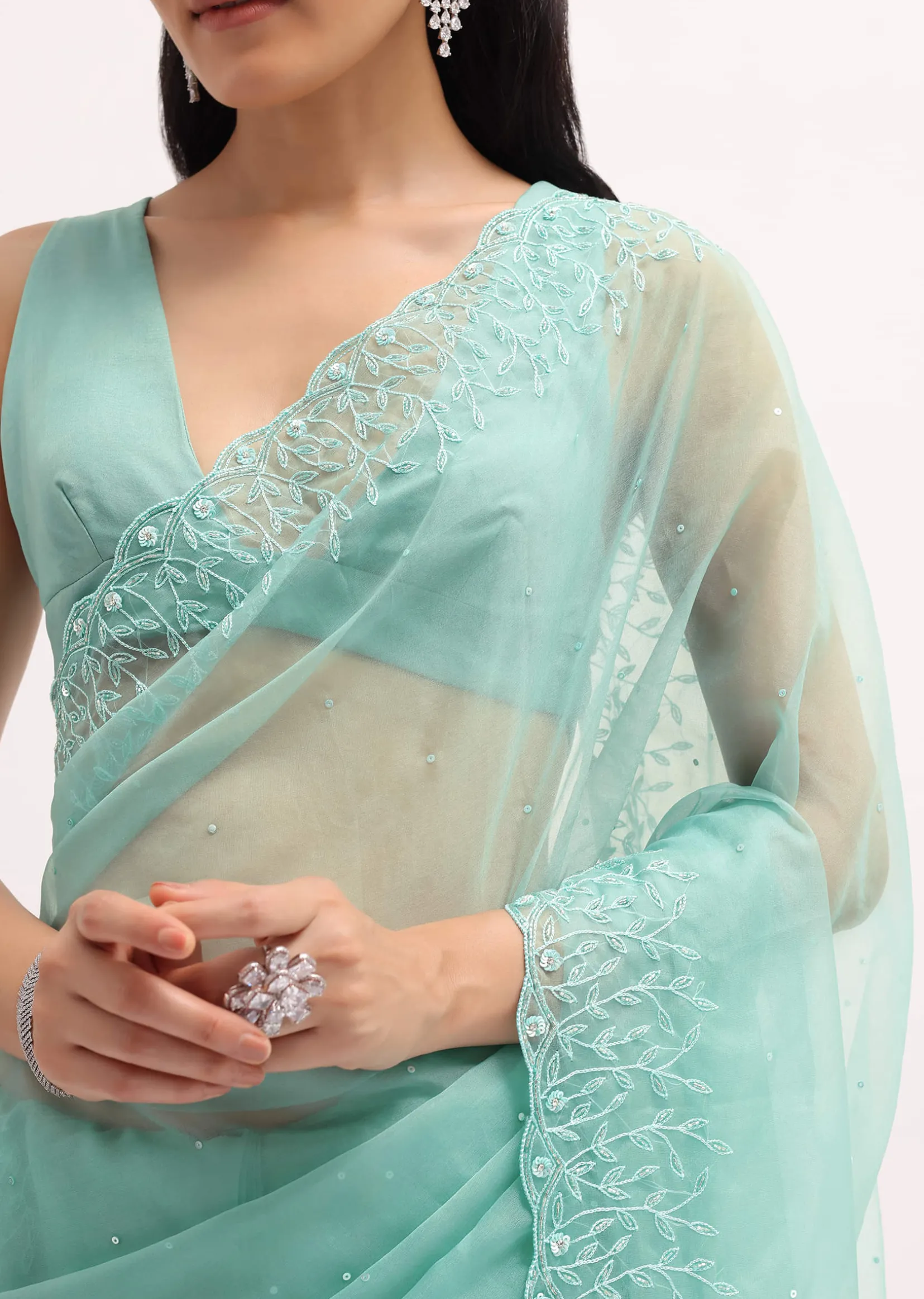 Aqua Blue Embroidered Organza Saree With Unstitched Blouse