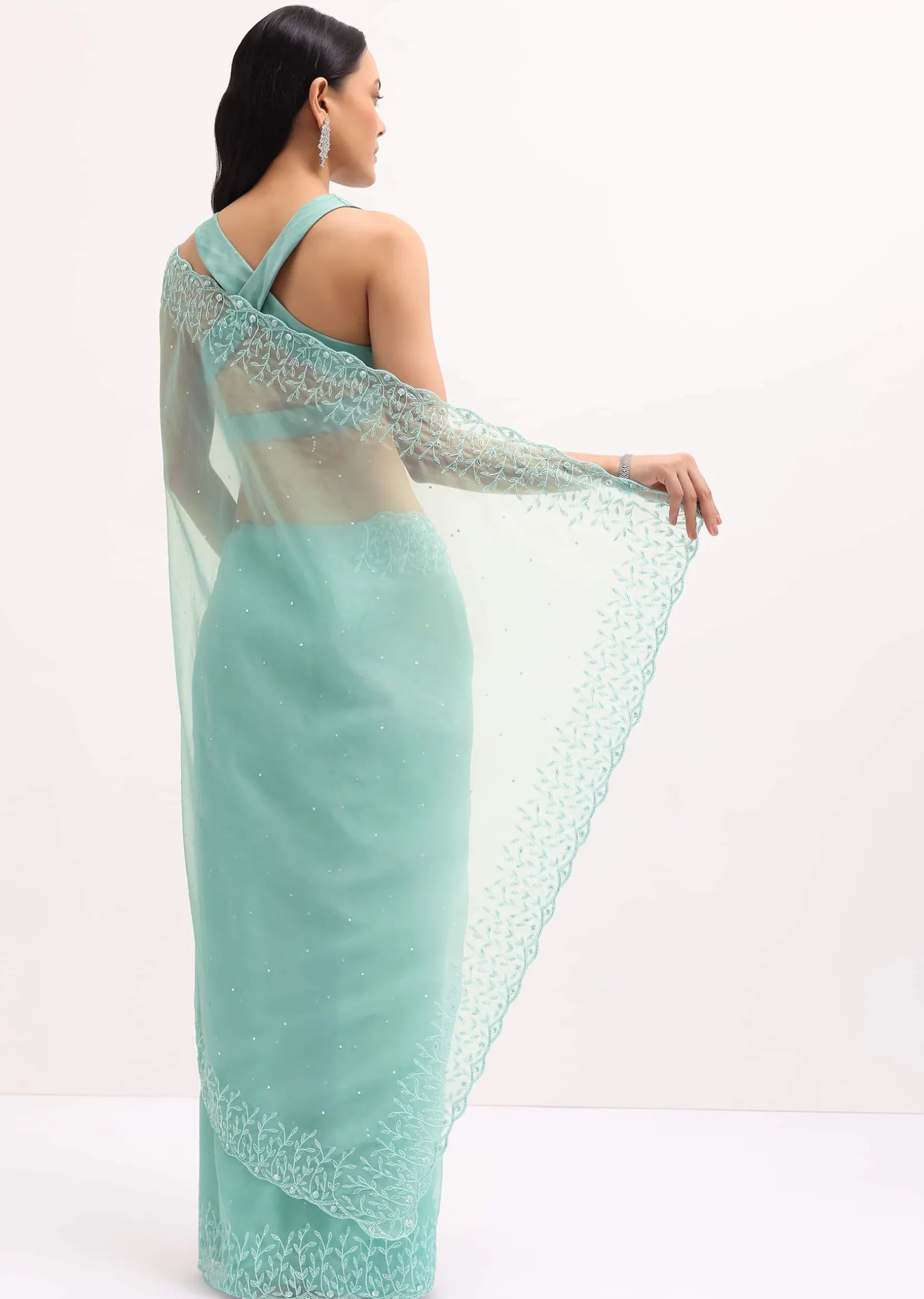 Aqua Blue Embroidered Organza Saree With Unstitched Blouse