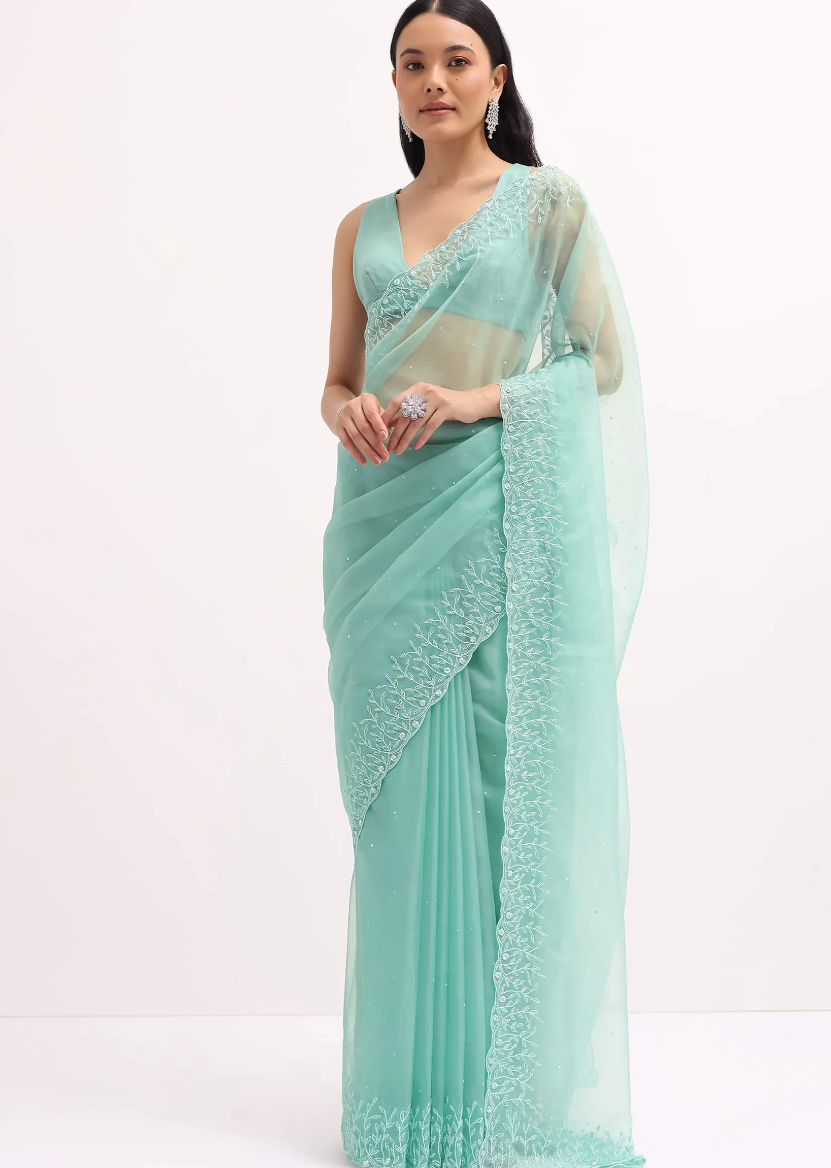 Aqua Blue Embroidered Organza Saree With Unstitched Blouse