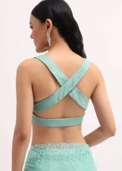 Aqua Blue Embroidered Organza Saree With Unstitched Blouse