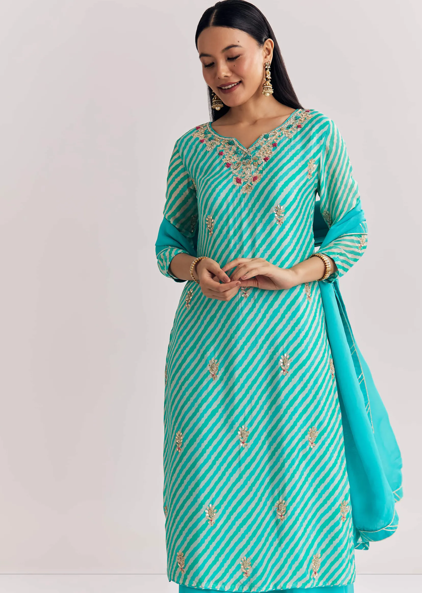 Aqua blue Georgette Kurta Palazzo Suit With Organza Dupatta And Gotta Work