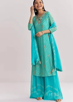 Aqua blue Georgette Kurta Palazzo Suit With Organza Dupatta And Gotta Work