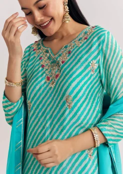 Aqua blue Georgette Kurta Palazzo Suit With Organza Dupatta And Gotta Work
