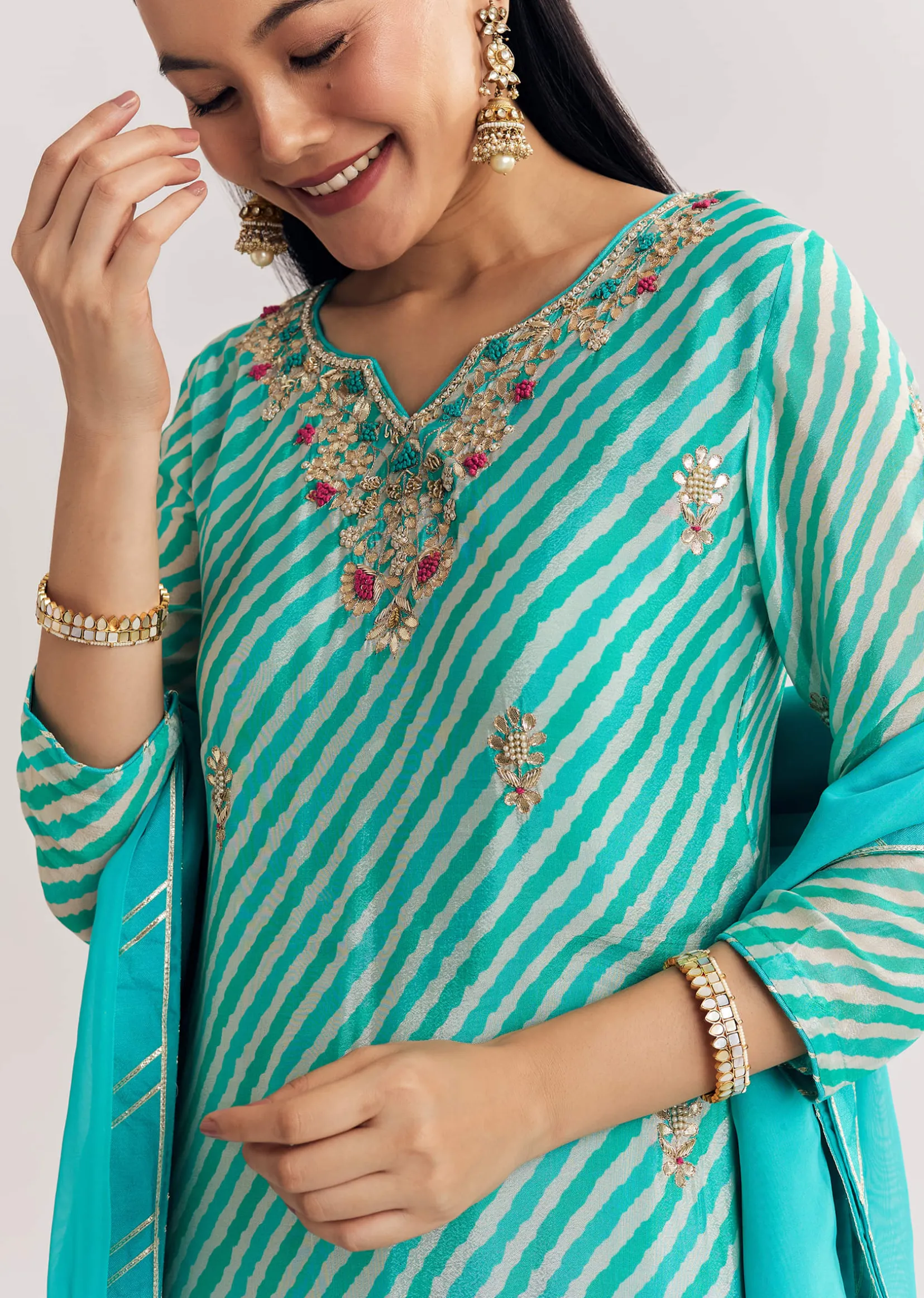 Aqua blue Georgette Kurta Palazzo Suit With Organza Dupatta And Gotta Work