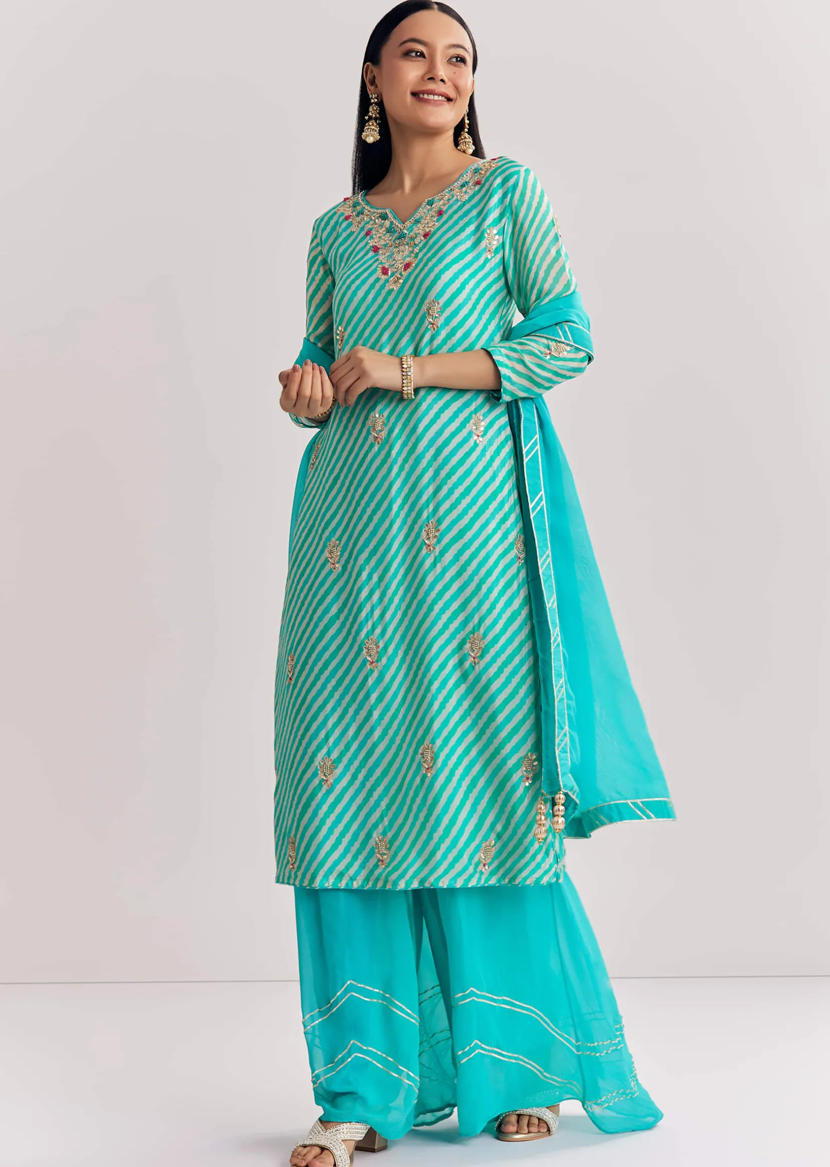 Aqua blue Georgette Kurta Palazzo Suit With Organza Dupatta And Gotta Work