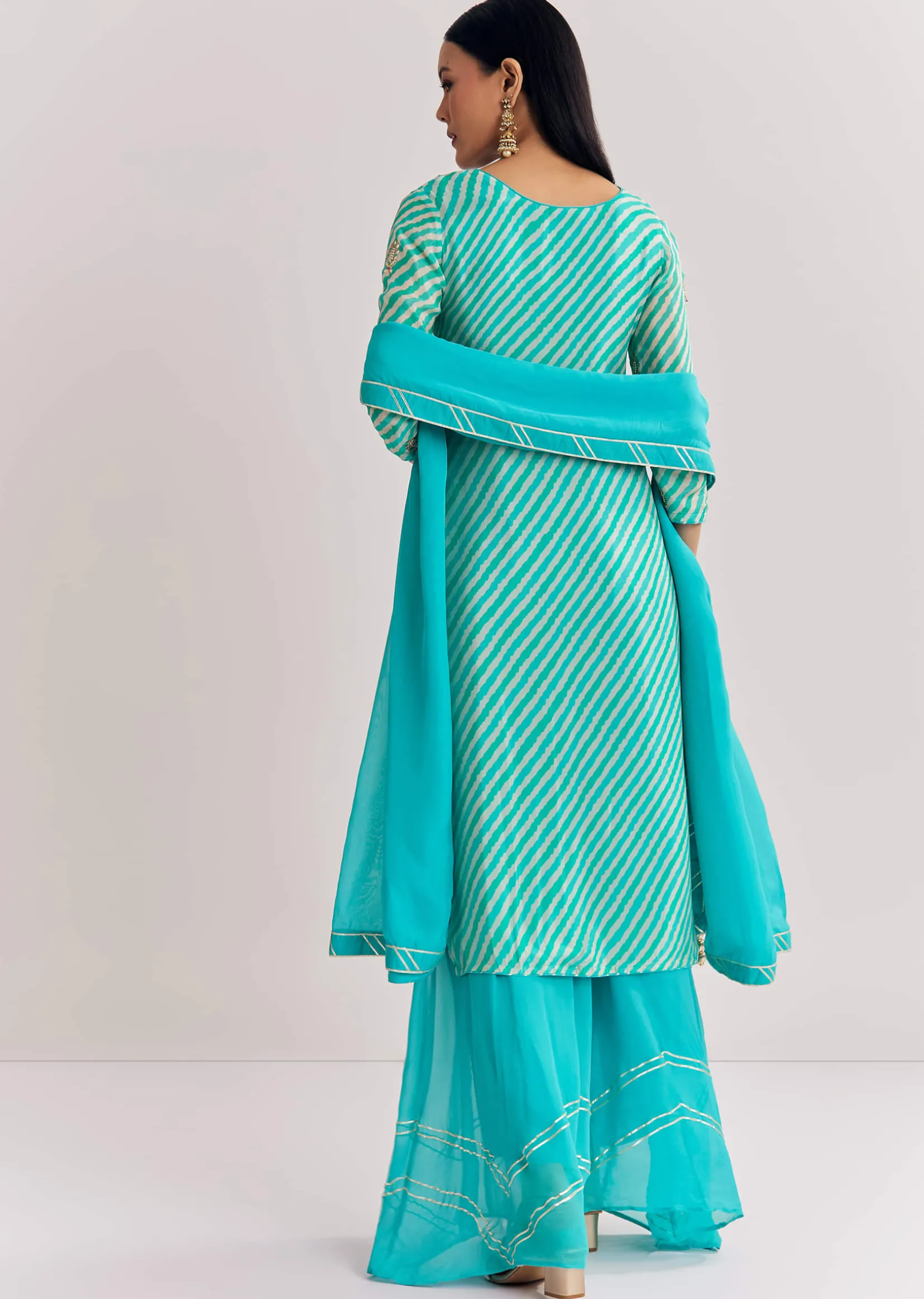 Aqua blue Georgette Kurta Palazzo Suit With Organza Dupatta And Gotta Work