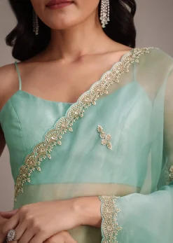 Aqua Blue Glass Tissue Embroidered Saree With Cutdana Work