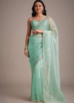 Aqua Blue Glass Tissue Embroidered Saree With Cutdana Work