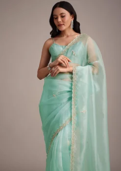 Aqua Blue Glass Tissue Embroidered Saree With Cutdana Work
