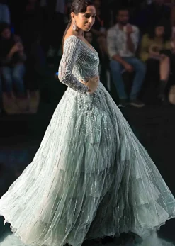 Aqua Blue Gown With Frilled Layer In Embroidered Net And Sheer Net Deep V Bodice