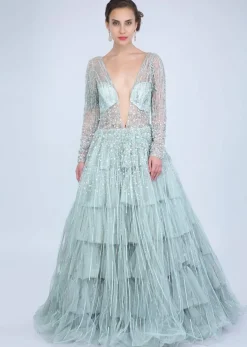 Aqua Blue Gown With Frilled Layer In Embroidered Net And Sheer Net Deep V Bodice