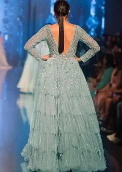 Aqua Blue Gown With Frilled Layer In Embroidered Net And Sheer Net Deep V Bodice