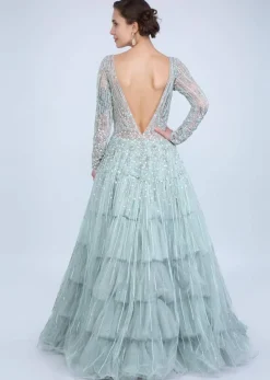 Aqua Blue Gown With Frilled Layer In Embroidered Net And Sheer Net Deep V Bodice