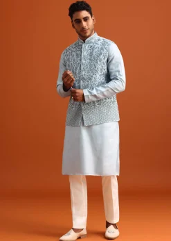 Aqua Blue Jacket Kurta Set With Hand Work