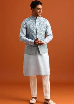Aqua Blue Jacket Kurta Set With Hand Work