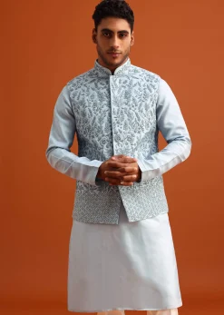 Aqua Blue Jacket Kurta Set With Hand Work